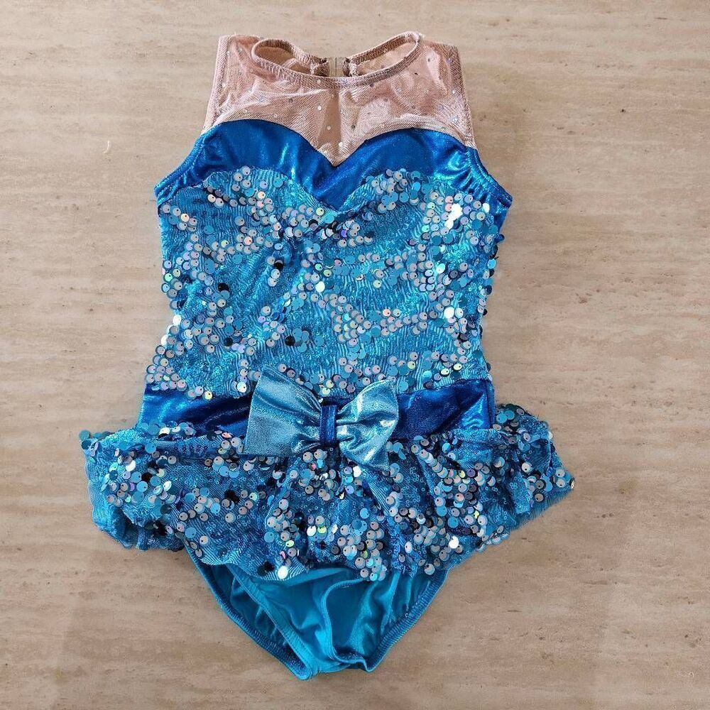 A wish come true large child blue sequin dance costume EUC